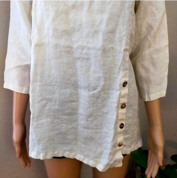 Click By Color Me Cotton Cream V Neck Linen 3/4 Blouse Top Oversized - Picture 3 of 12